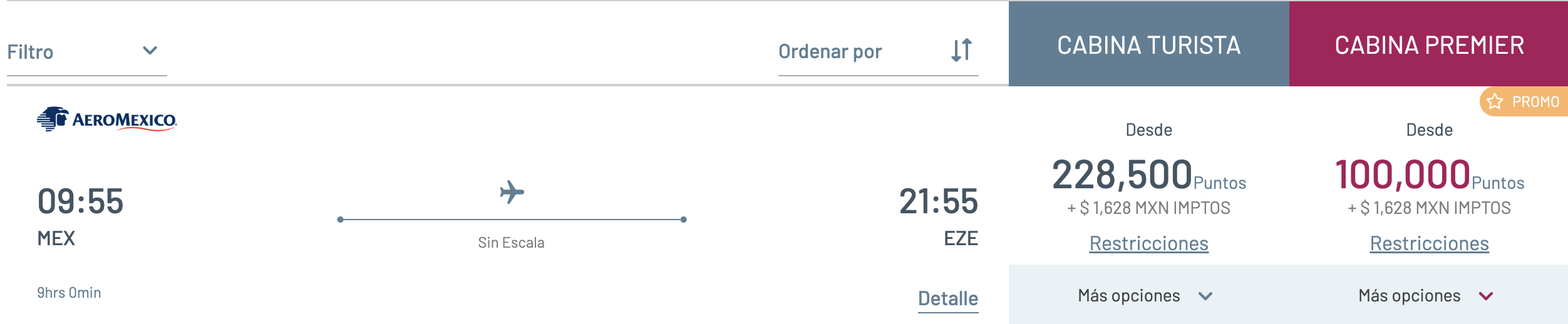 Aeromexico business class ticket from MEX to EZE for 100K miles.